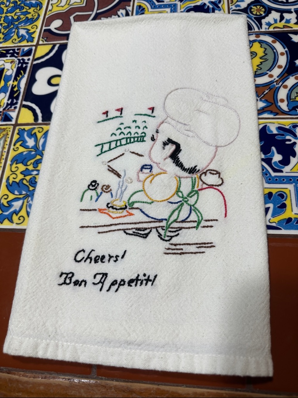 Vintage Embroidered Chef Tea Towel - "Cheers! Bon Appetit"